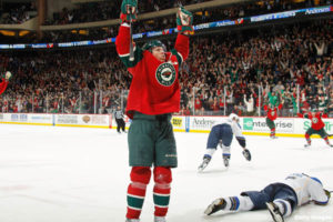 SAINT PAUL, MN - NOVEMBER 19: Mikko Koivu #9 of the Minnesota Wild reacts after scoring a game-tying power play goal late in the third period against the St. Louis Blues during the game at the Xcel Energy Center on November 19, 2011 in Saint Paul, Minnesota. (Photo by Bruce Kluckhohn/NHLI via Getty Images)